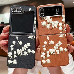 For Samsung Galaxy Z Flip 7 FE 5 6 4 3 Luxury Leather Phone Case Flower Pattern Soft TPU Folding Cover For Samsung Z Flip4 Flip5