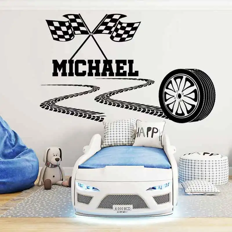 Custom Name Racing Car Tire Checkered Flags Wall Decal Wheel Decal Personalized Racing Car Flag Vinyl Wall Sticker Boy RoomQ177