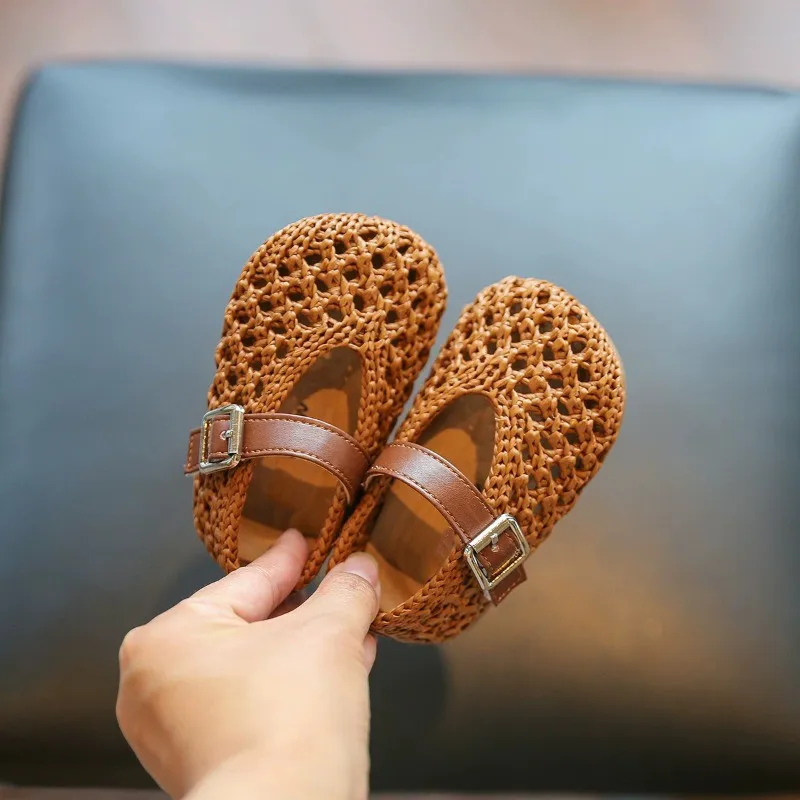Baby Flat Shoes Soild Color Versatile Toddler Walking Shoes Weave Trendy 2026 Summer New Kids Casual Princess Shoes Soft Bottom