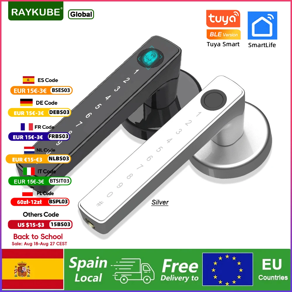 RAYKUBE M5 Tuya BLE serrure de porte intelligente à empreintes digitales serrure électronique avec mot de passe/clé/carte/application Tuya déverrouiller livraison gratuite depuis l'espagne