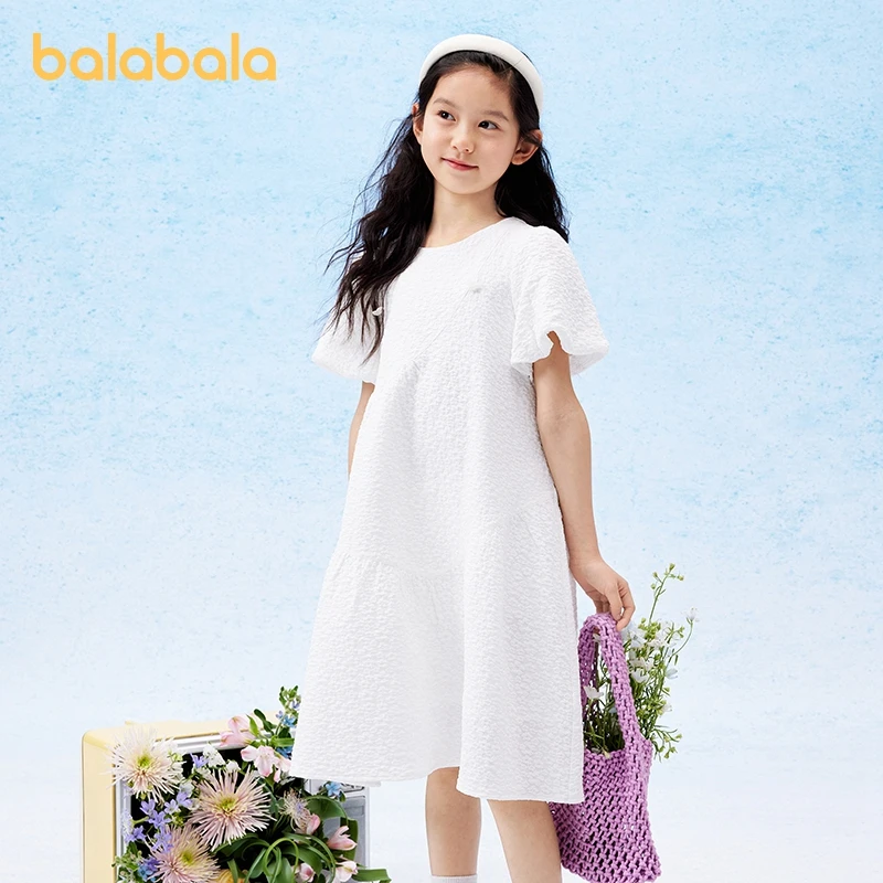 Balabala Children Wear Girls Dress 2024 Summer New Style Preteen Forest Series Sweet Dress Bubble Sleeves