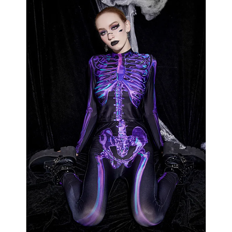 

Halloween Costume Cosplay Purple Skull Digital Print Dark Long Sleeved Tight Jumpsuit Gothic Themed Party Role Playing Female