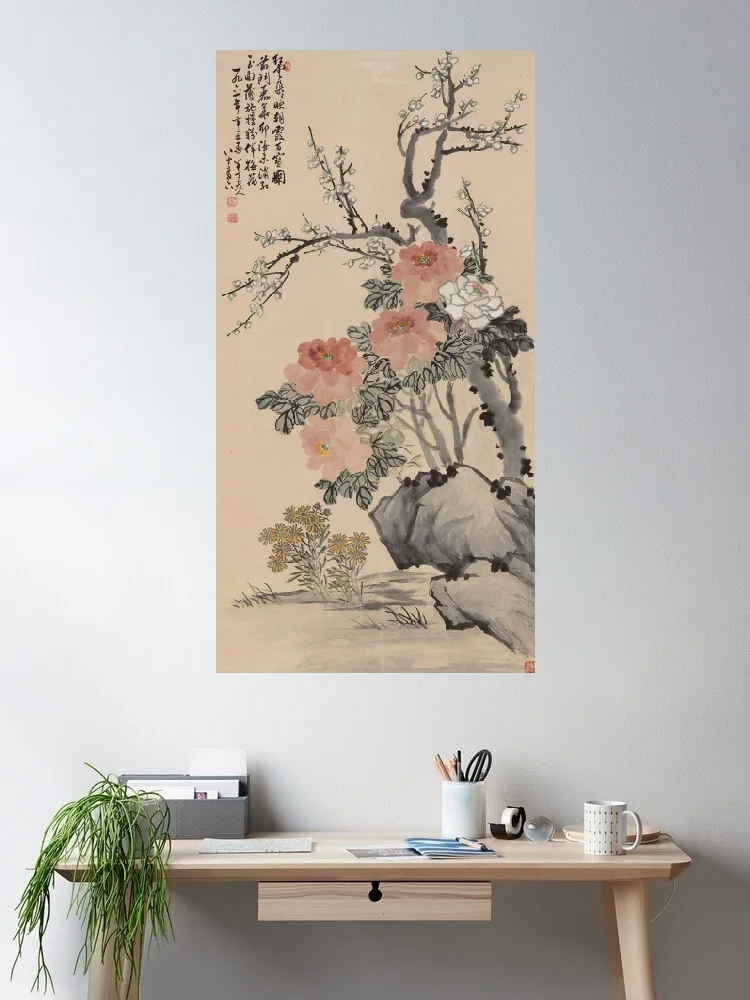 Peony and Plum Blossom Painting, Print Art Canvas Poster, For Living Room Decor, Home Wall Picture