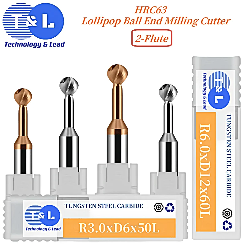 T&L HRC63 2-Flute R1-6Arched Arc R Milling Cutter For Aluminum/Steel Endmills ToolsTungsten Steel Carbide Lollipop Ball End Mill