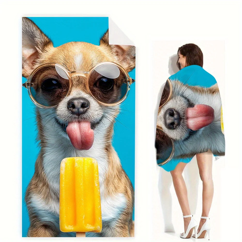 Funny Chihuahua Popsicle Beach Towel, Soft Microfiber Quick Dry Oversized Bath Towel, Cute Summer Pool Blanket