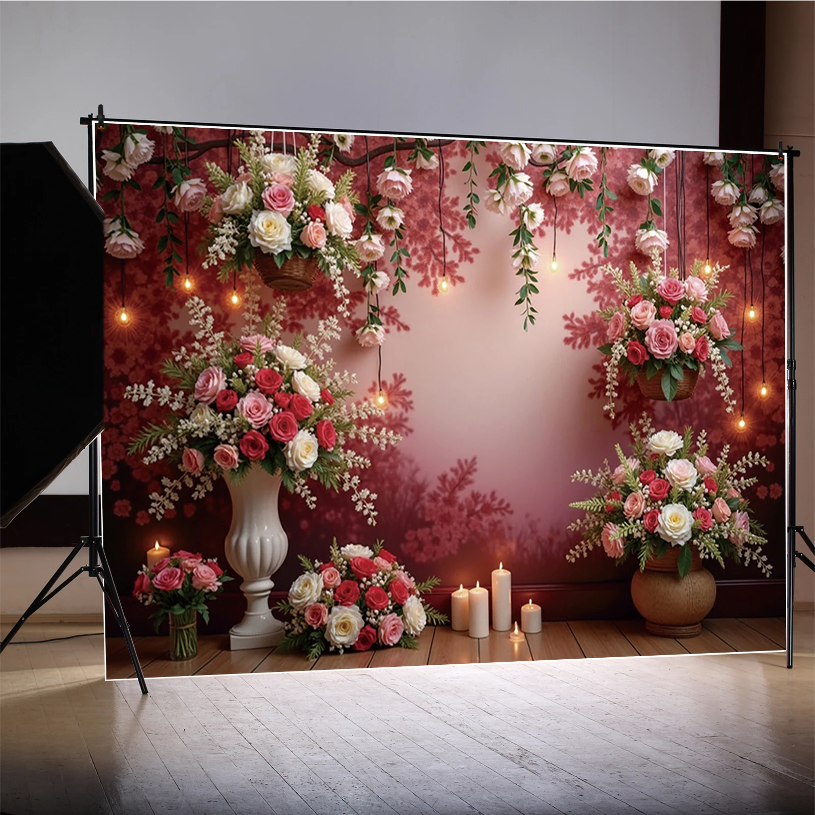 MOON.QG Fotografi Latar Belakang Ulang Tahun Wanita Hari Valentine Lilin Dinding Merah Latar Belakang Zona Foto Alat Peraga Photobooth Studio Pasangan