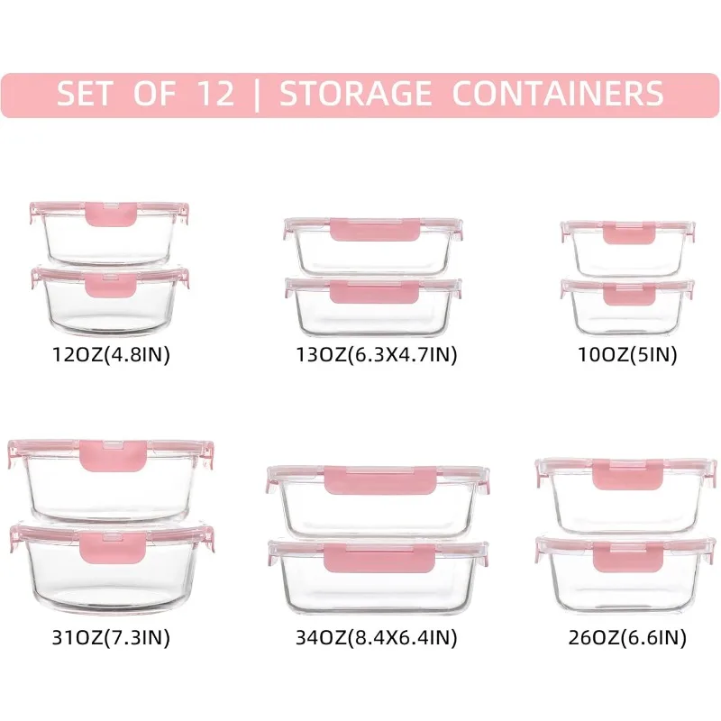 12 Pack Glass Storage Containers with Lids, Leak-Proof Meal Prep Containers, Dishwasher/Microwave/Oven/Freezer