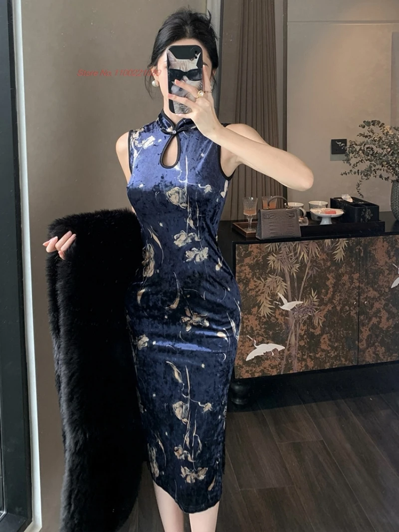 

Платье для восточного ночного клуба 2025, улучшенное бархатное платье Cheongsam без рукавов с национальным цветочным принтом, сексуальное вечернее платье для банкета