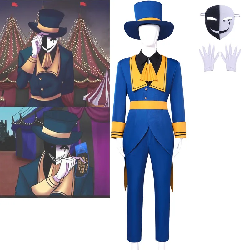 

Circus Ticket Taker Cosplay Costume Full Set Circus Men Outfit With Split Mask Top Hat Halloween Horror Party Costume Full HCos