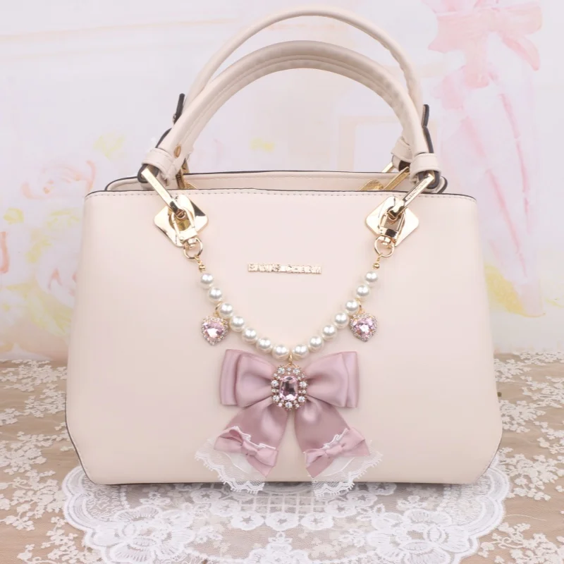 Original Handmade Lace Bow Rhinestone Pearl Beaded Bag Accessory Bag Pendant Girls Sweet Key Pendants Pink Bow Keychain