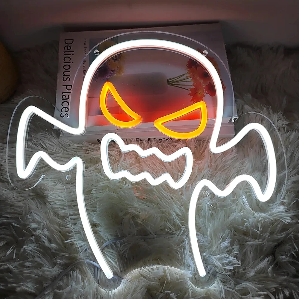 King Boo The Ghost Face Neon Sign LED Light for Halloween Decor Witch Hat Neon Lights Skull Decor Man Cave Party Birthday Gifts