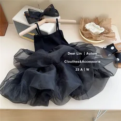 2023 Korea Kids Dresses for Girls Black Mesh Straps Dress Princess Party Cake Ball Gown Dress Toddler Halloween Christmas Dress