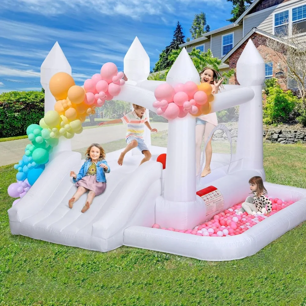 

White Bounce House, Inflatable Bouncer Castle With Slide, Air Blower, Ball Pit, Bouncy Castle For Indoor Outdoor Birthday Party