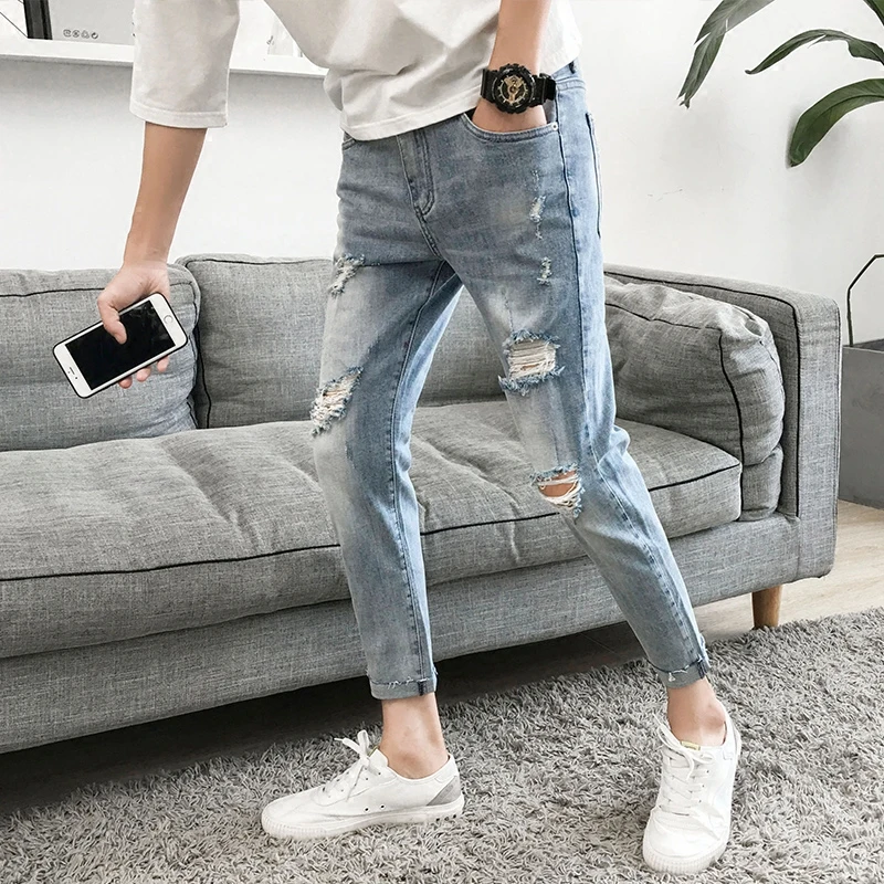 

Men's Slim Fit Tear Denim Jeans Spring Summer Thin Sle Korean Version Light Color Small Straight Foot Youth Trendy Pants