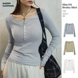 Maden Women’s Slim Fit Henley Shirt Ribbed Knit Long Sleeve T-shirt O-Neck Layering Top Solid Color Autumn Winter Inner Wear