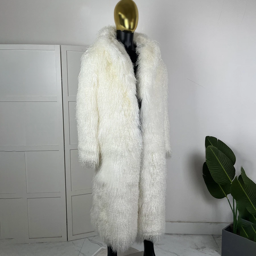 White Mongolian Fur Coat With Shawl Hood Floor Length Natural Sheepskin Jacket Real Fur Coat Fashionable Men's Winter Jacket