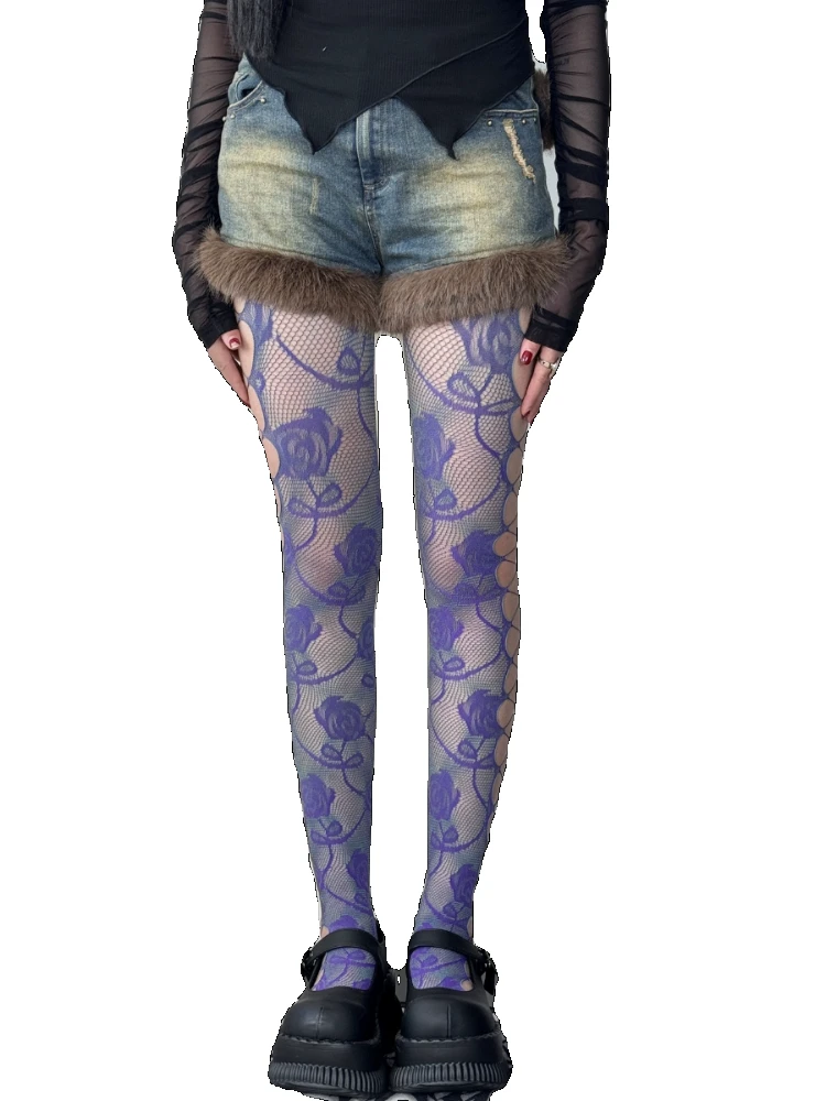 Pantyhose Women's Spandex Leg Shaping Black Lace Floral Vintage Rose Purple Black Gray Side Hollow Sexy Stockings Spring Autumn