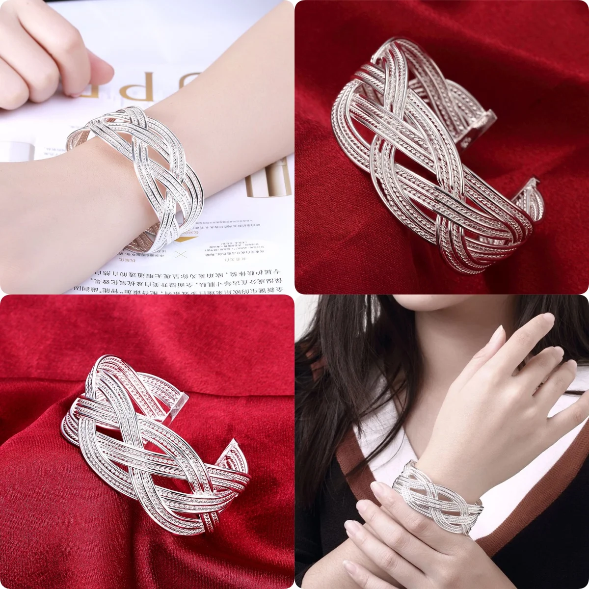 

Hot new 925 sterling Silver elegant Braided wire bangle Bracelets for Women Fashion Wedding Accessories Jewelry Christmas Gift