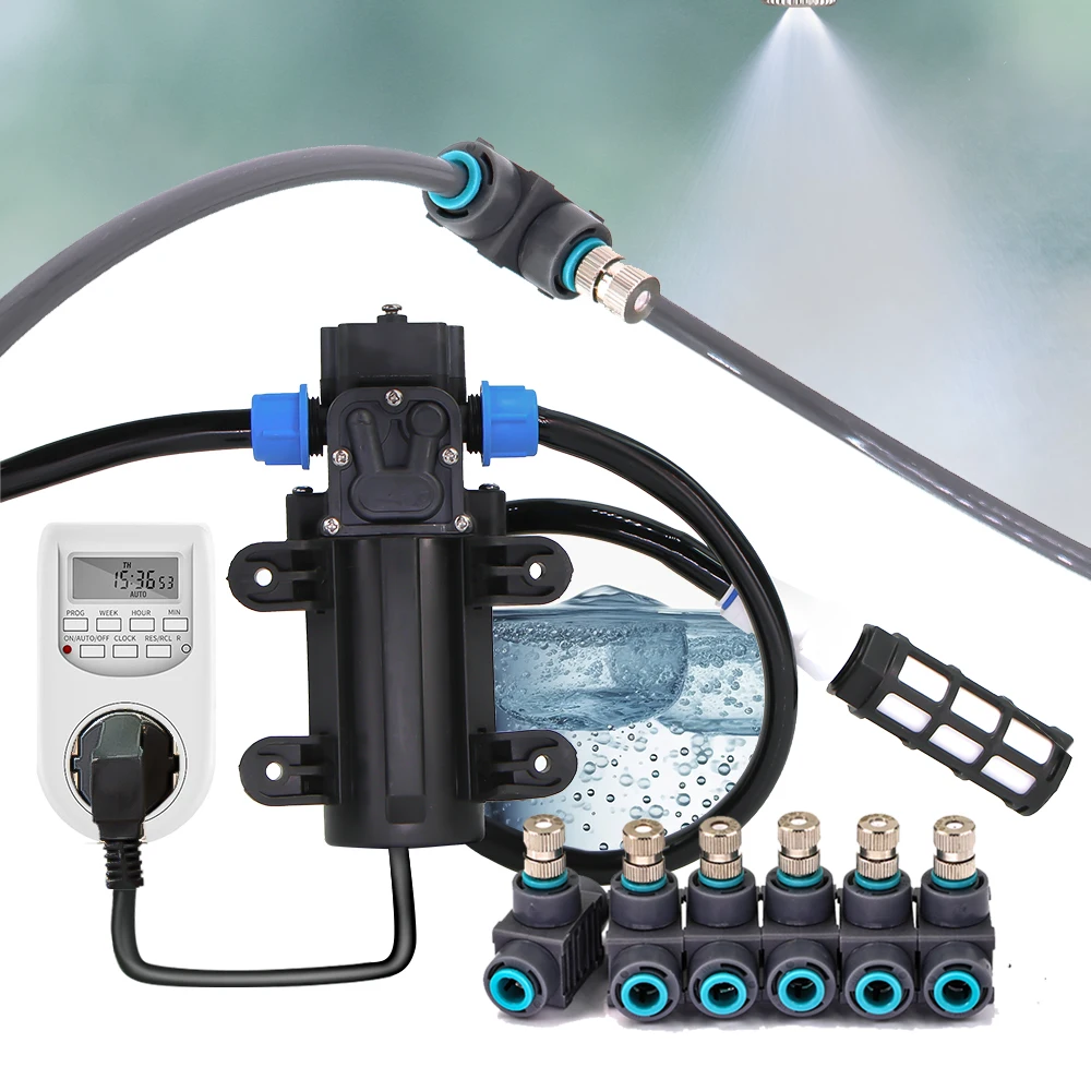 0.7mm Misting Cooling System 45W Pump Kit Self-priming 110-240V Power Supply for Humidification Dust Removal Irrigation Fittings