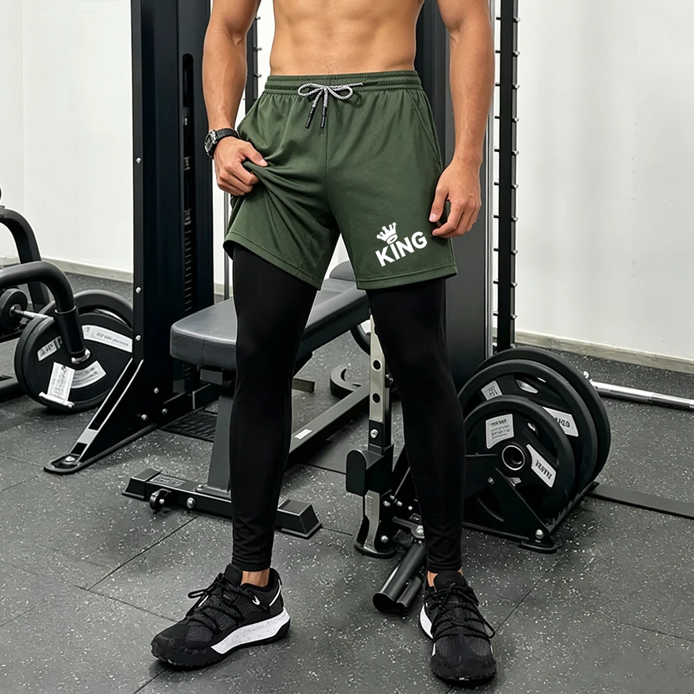Men's Double Layer Sports Athletic Running Pants With Towel Ring Crown Text Print Outer Shorts Tights Long Trousers Liner