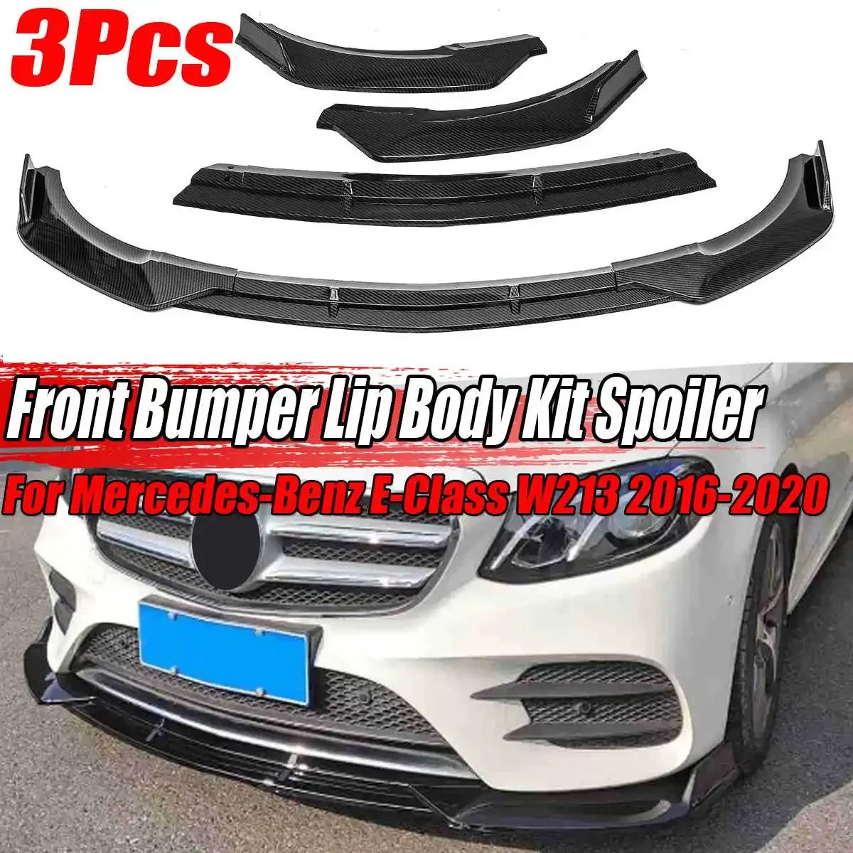 

High Quality Carbon Fiber Look Car Front Bumper Splitter Lip Spoiler Cover For Mercedes For Benz E-Class W213 2016-2020 Body Kit