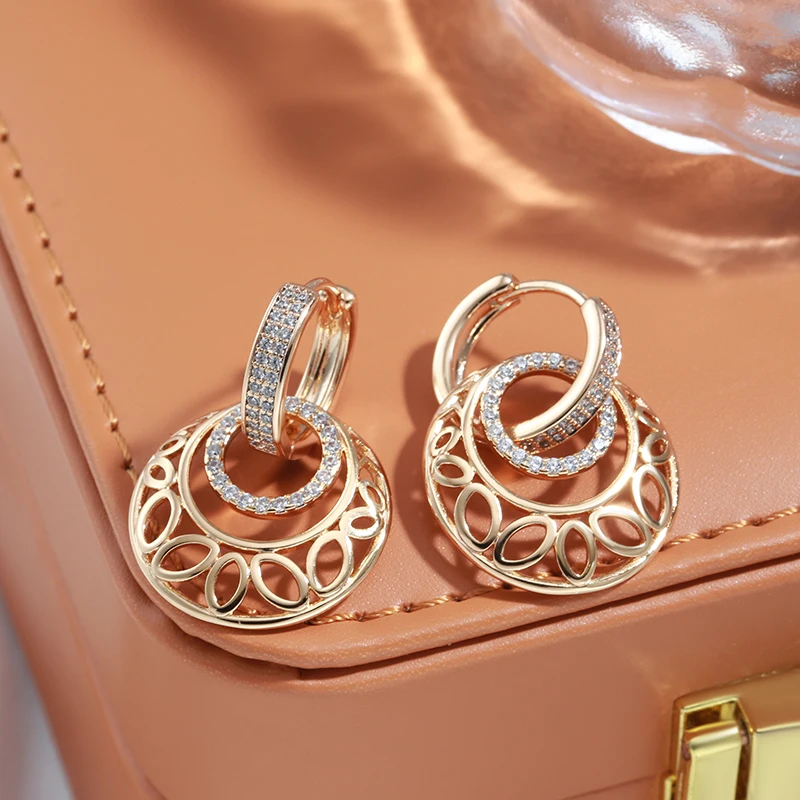 Kinel Luxury 585 Rose Gold Dangle Earrings for Women Unusual Metal Sculpture Flower Natural Zircon Wedding Fine Daily Jewelry