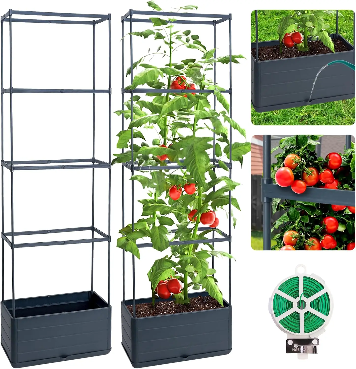 

2 упаковки приподнятой садовой кровати, ящик для кашпо для помидоров с решеткой, клетка для помидоров с самополиванием 55,2 дюйма с прямоугольной решеткой для альпинизма