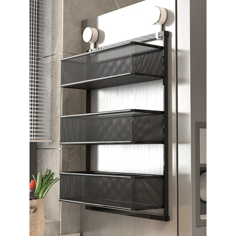 Suction Cup Refrigerator Side Organizer Two Or Three Tier Carbon Steel Mesh Kitchen Rack Ventilated Design Optional Hooks Spices