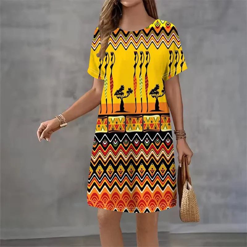 

Женское летнее повседневное платье с короткими рукавами и круглым вырезом, винтажное платье с 3D индийским принтом, Vestidos De Mujer