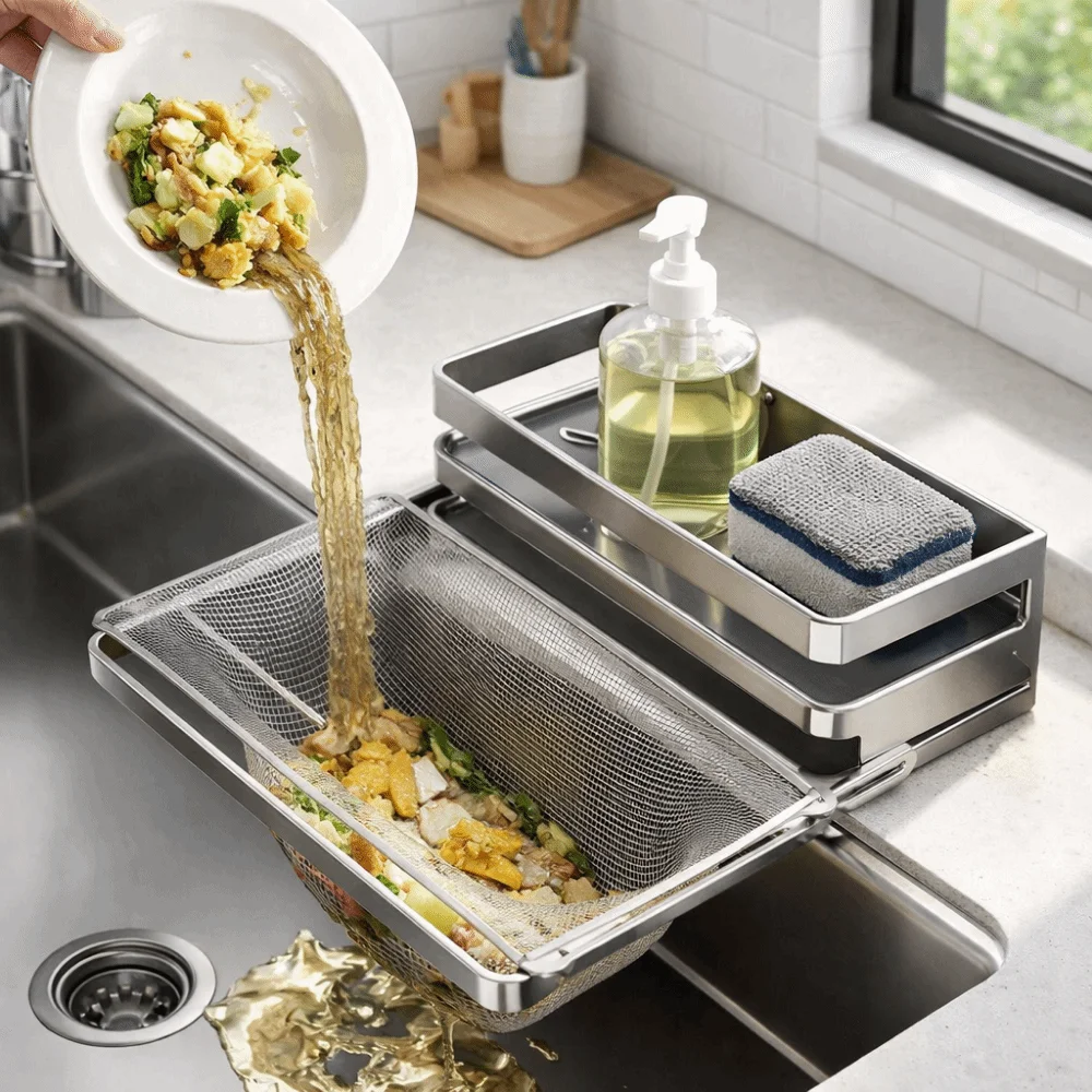 

Large Capacity Kitchen Sink Drain Rack Waterproof Moisture-proof Self-Draining Sink Shelf Space Saving with Water Tray