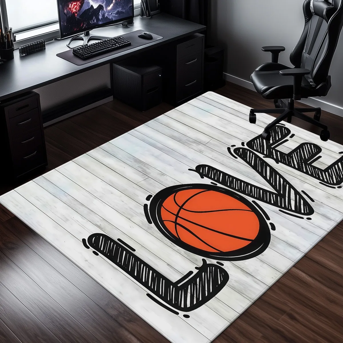 Basketball court wood texture rug with ball design for gym sports room man cavedecor athletic theme floor mat softcrystal velvet