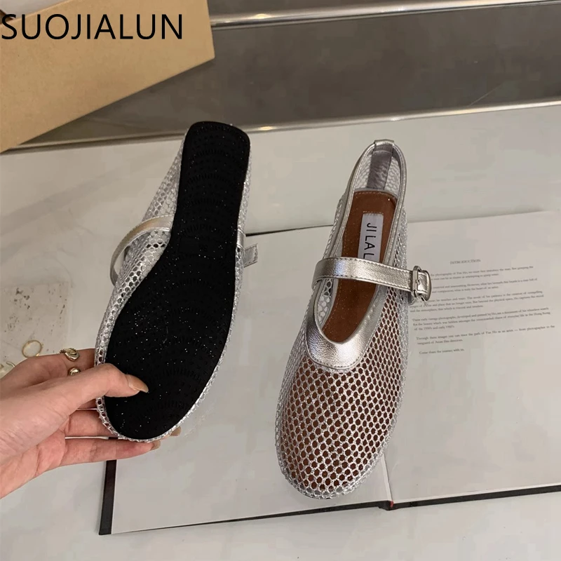 SUOJIALUN 2024 Summer New Brand Women Flat Shoes Fashion Mesh Ladies Elegant Mary Jane Shoes Soft Sole Outdoor Dress Ballerinas