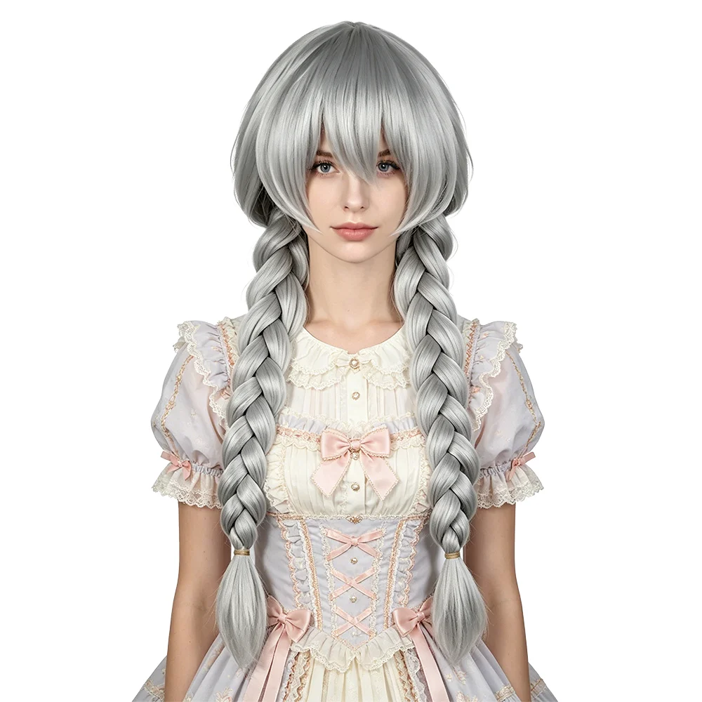 Silver Gray Double Braids Wig For Women Bangs Long Straight Hair Heat Resistant Synthetic Cosplay Anime Wig Halloween Party