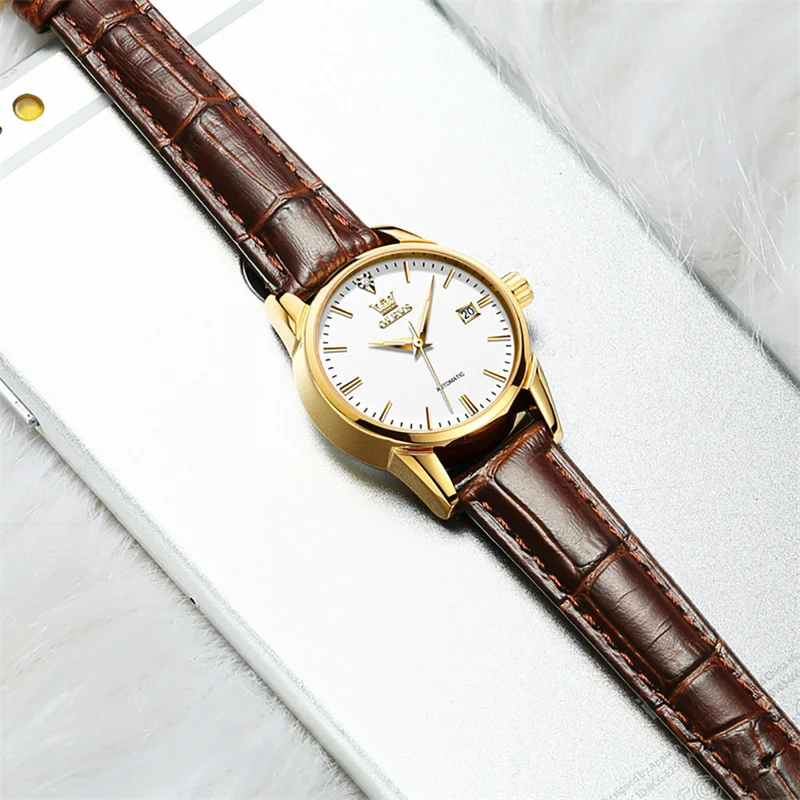 OLEVS Top Luxury Women Wristwatch Automatic Mechanical Waterproof Watch Calendar Brown Leather Watchstrap Lady Watches 2024