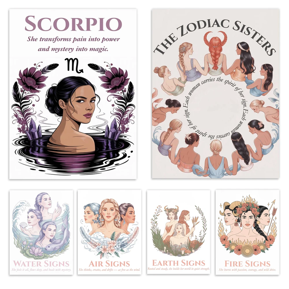 Twelve constellation sisters print, earth sign, fire sign, water sign, air sign, female zodiac illustration decorative poster