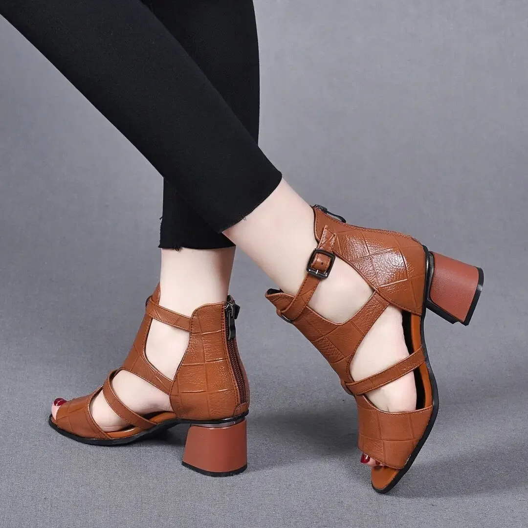 High Heeled Sandals Female 2024 New Summer Fish Mouth Shoes Chunky Heel Roman Back Zipper Sandals Solid Casual Sandales Femmes