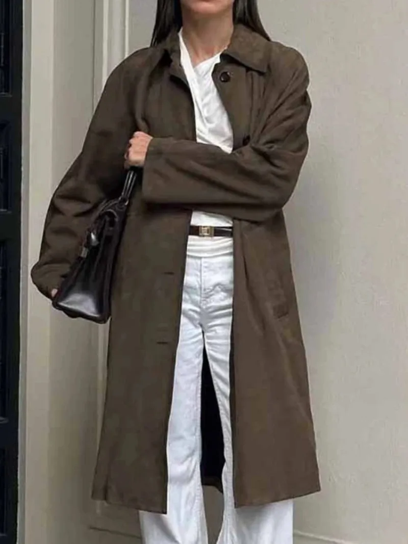 

2025New in Autumn Long Suede Jacket Women's Casual Versatile Retro European and American Brown Long-sleeved Tooling Trench Coat