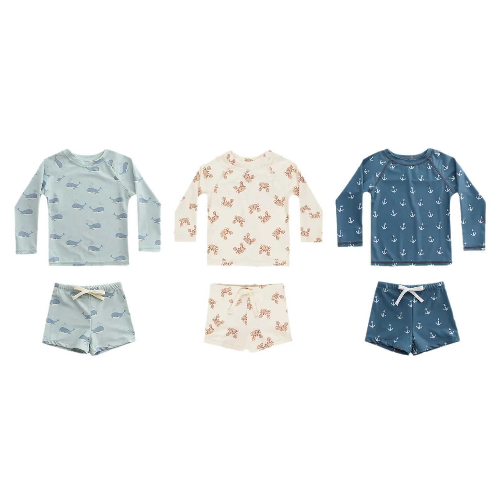 2026 Toddler Boys Whale Print Rash Guard Swimsuit Set UPF 50+ Long Sleeve Kids 2 Piece Swimwear with Swim Trunks