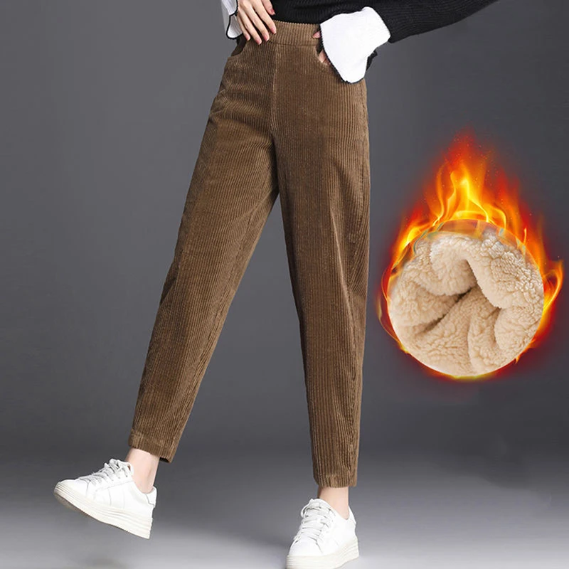 

Plush Casual Women's Pants Corduroy Warm Elastic High Waist Pants Winter Pockets Solid Color Ladies Trousers