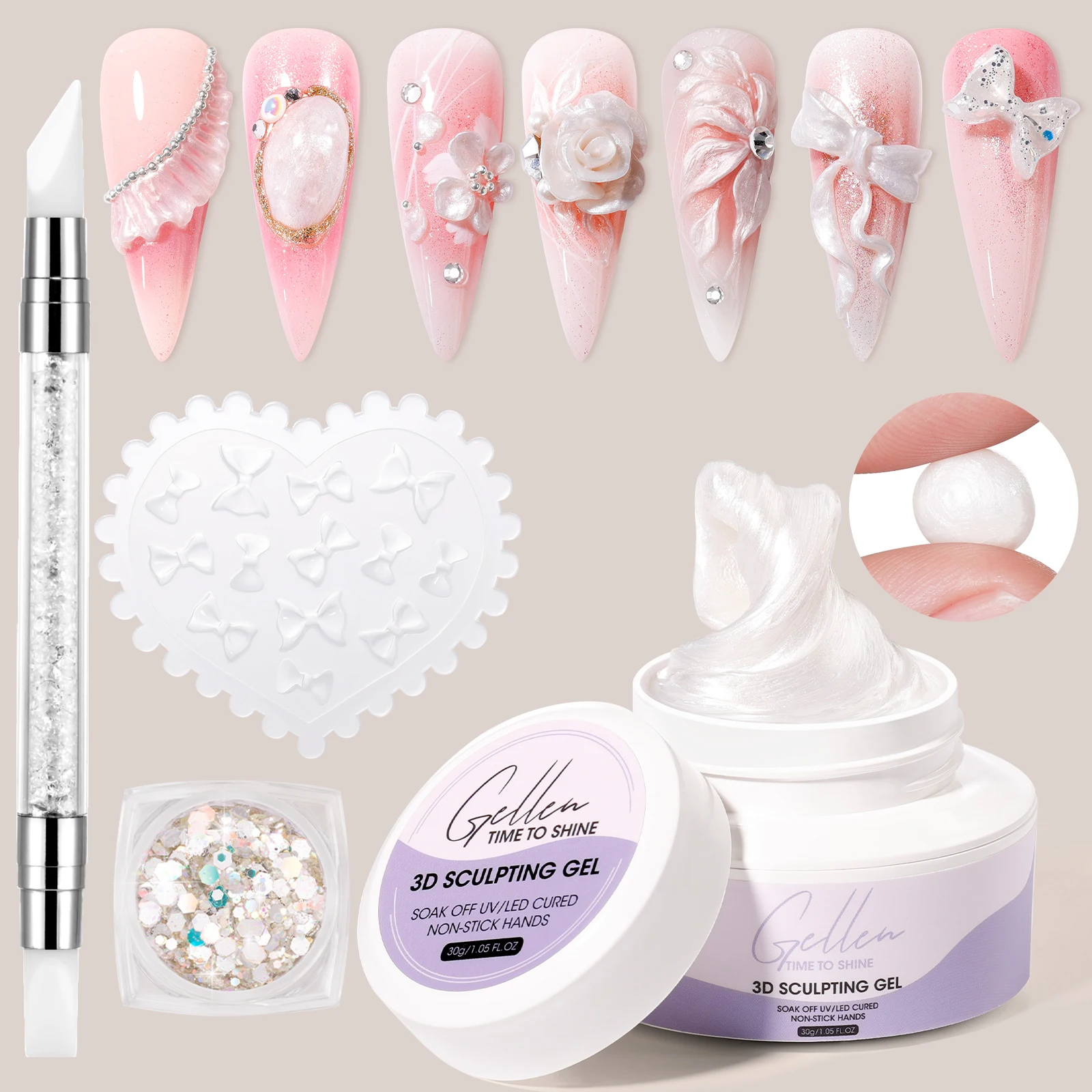 3D Sculpting Gel Nail Kit 30g Pearl White UV Cured Non Sticky Nail Art Gel Molding DIY Easy Carving 3D Flowers Manicure Charms