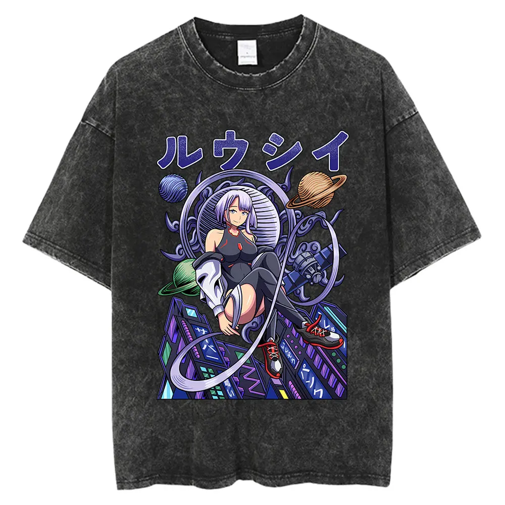 Cyberpunk Edgerunners T Shirt Men Hip Hop Vintage Washed Oversized Anime T Shirts for Women Streetwear Tees 100% Cotton T-shirt