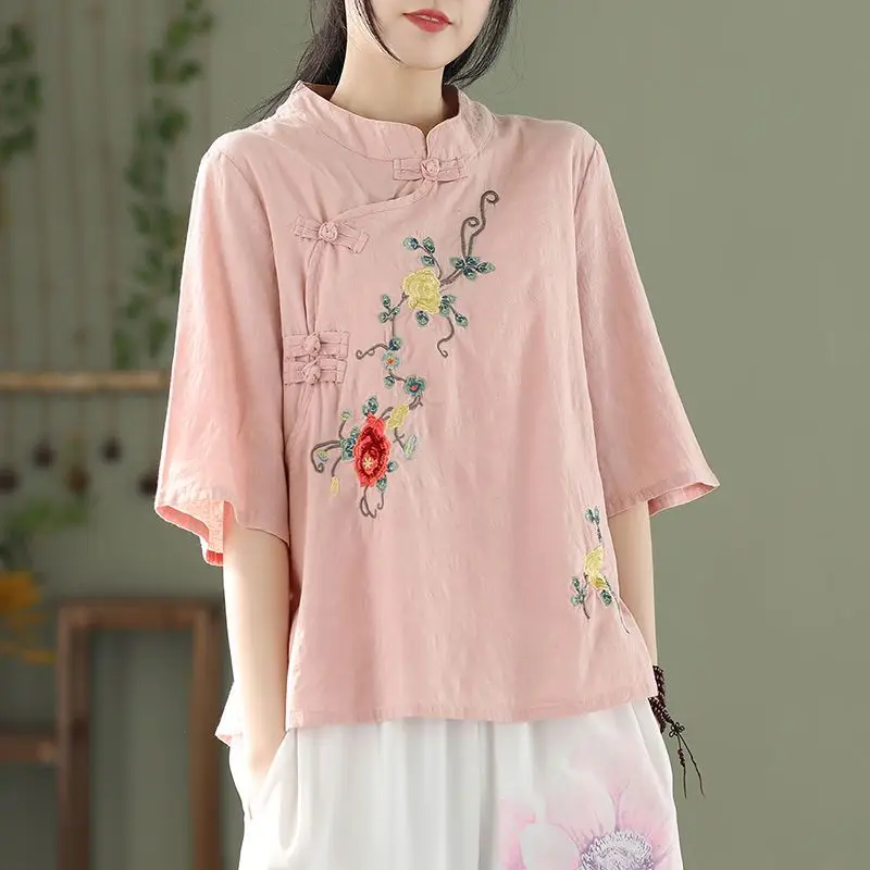 Chinese Style Pregnant Women's Standing Neck Embroidered Vintage Top Medium Sleeve Cotton Hemp Top Summer Maternity Top LF083