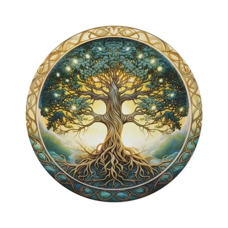 Celtic Tree of Life Chenille Large Round Area Rug Nature Mandala Design Ancient Spiritual Decor Bedroom Living Room Circle Rug