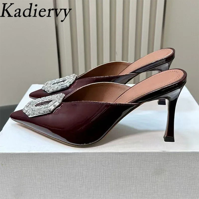 

Pointed Toe High Heels Slippers Woman Crystal Square Buckle Party Shoes Woman Genuine Leather Slides Stiletto Slippers Women
