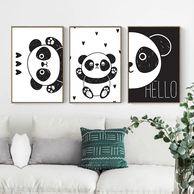 Cute Cartoon Black White Panda Canvas Art Posters Prints Modern Wall Decorative Picture for Nusery Bedroom Simple Home Decor
