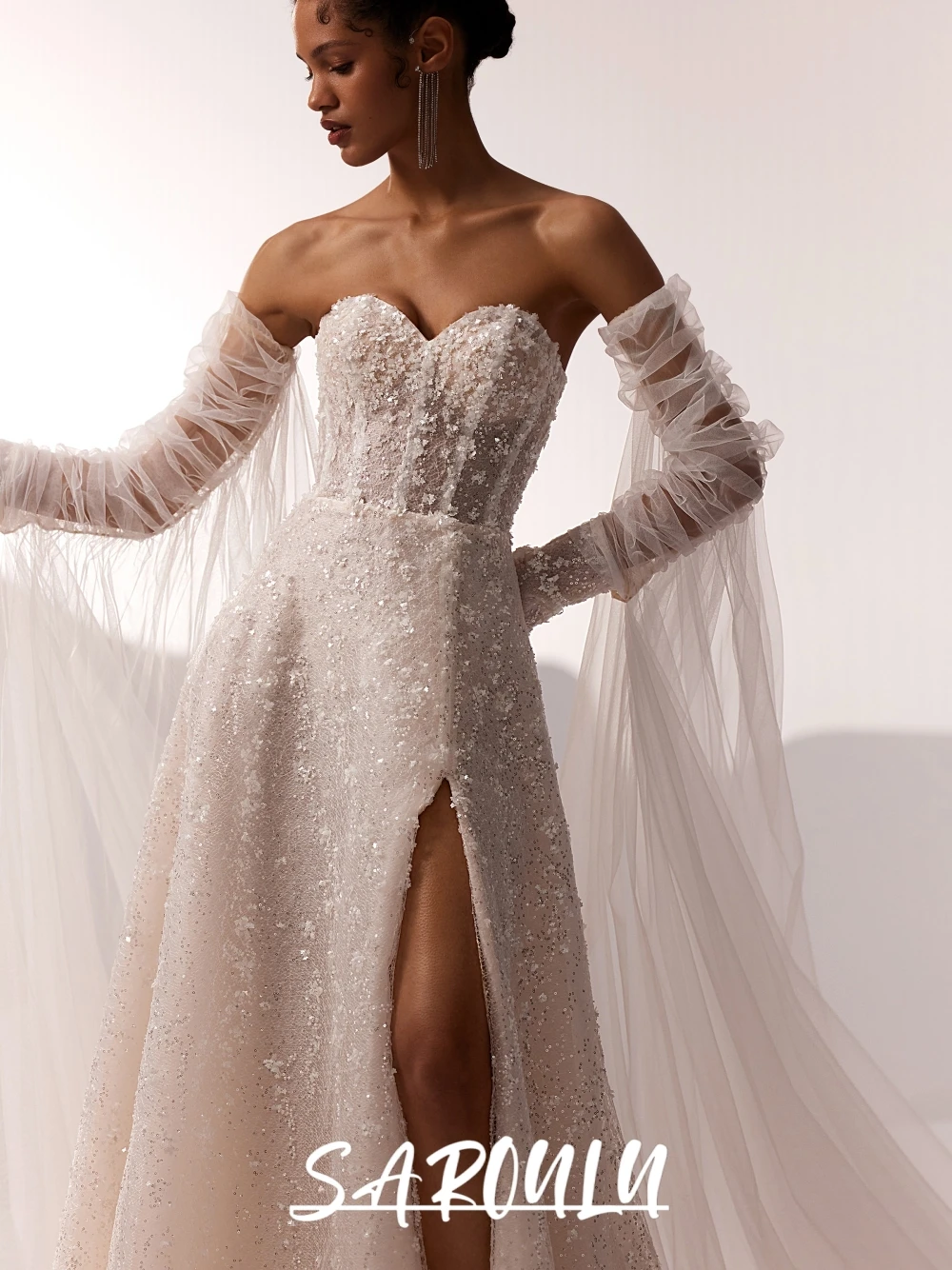 

Sweet A Line Shiny Wedding Dress For Women Tulle Off Shoulder Ethereal Bride Dresses Modern Gorgeous Long Zipper Back Wear