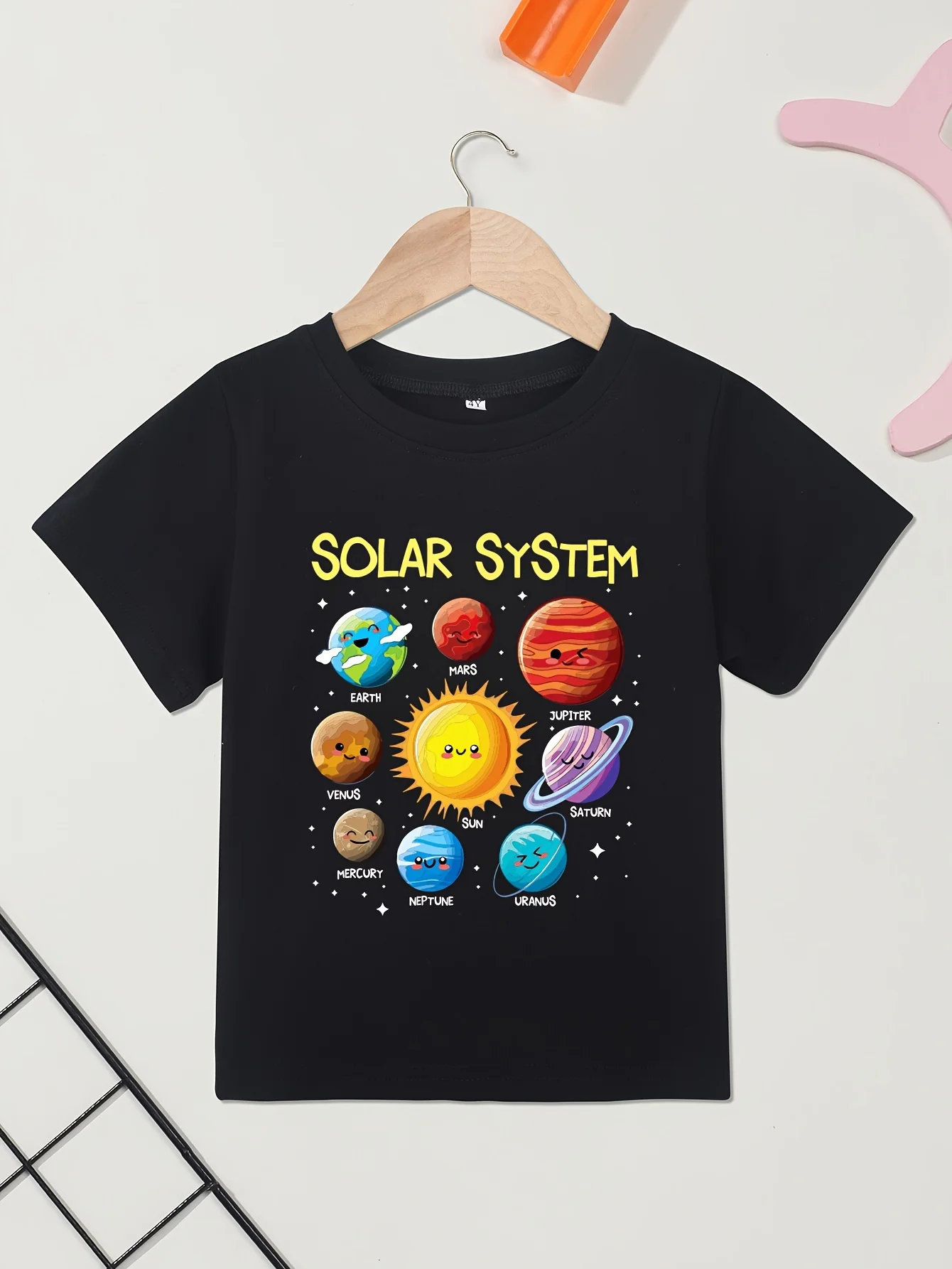 Casual Boys Crew Neck Cotton Tee, Solar‑System Letter Planet Graphic Short‑Sleeve Versatile Kids T‑Shirt
