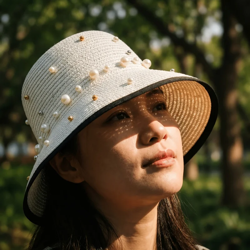 Pearl Rhinestone Decorated Summer Straw Hat Fashion Breathable Versatile Women'S Sun Beach Sunshade Cap(Random Position )
