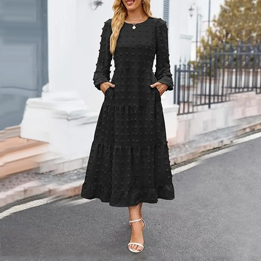 

Layered Structure Dress Elegant A-line Midi Dress with Lantern Sleeves Dot Applique Detail for Fall Winter Women's Fashion