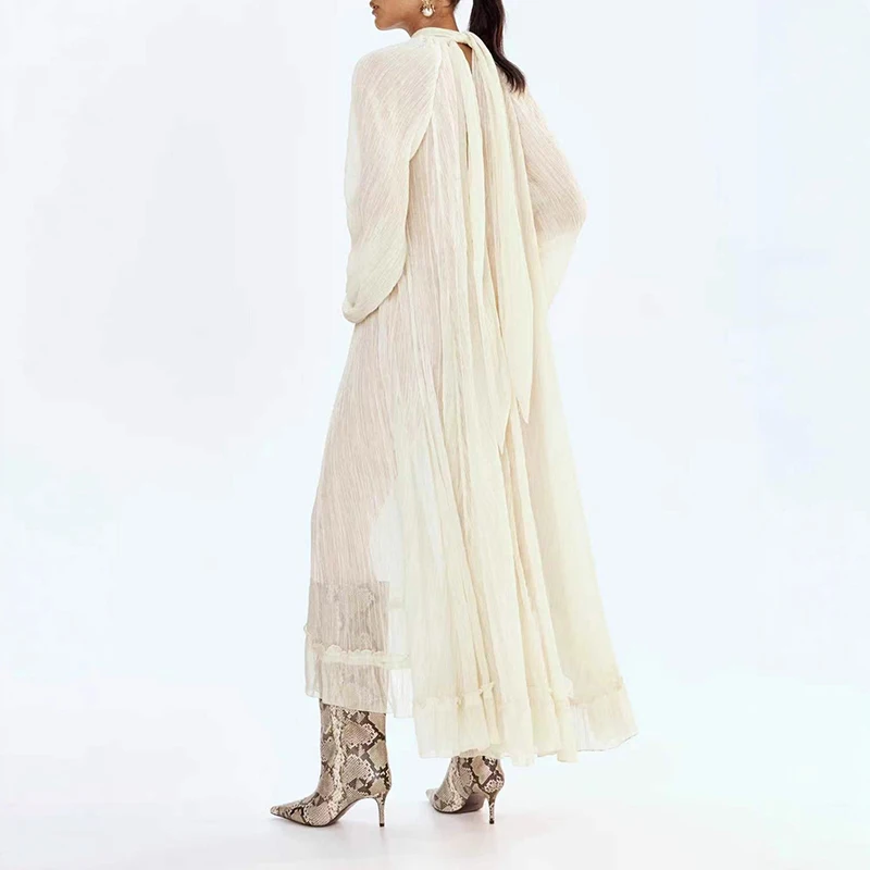 Vestido plisado de manga larga con cuello redondo para mujer, vestido largo holgado para primavera y verano, vestidos elegantes con cordones y manga acampanada 2026